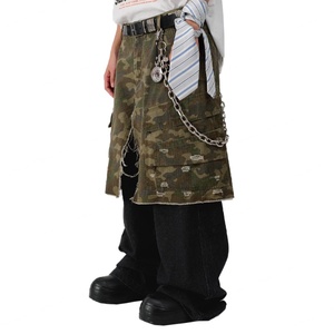 Wholesale Casual High Quality 100% Cotton Washed Black Denim Patchwork Vintage Faded Distressed Camouflage <b>Men's</b> <b>Cargo</b> <b>Pants</b> - Product Image 2