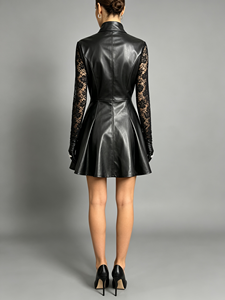 SWEET BABE Robe mini noire pour femme, col haut, manches longues, avec insert en dentelle, coupe trapèze ajustée, robe de soirée - Product Image 3
