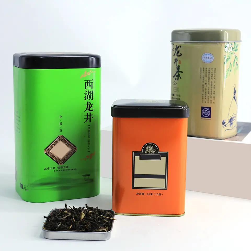 JYB卸売高級カラフル長方形背の高い薄い食品ティーコーヒー包装キャニスター金属缶ボックス容器蓋付き