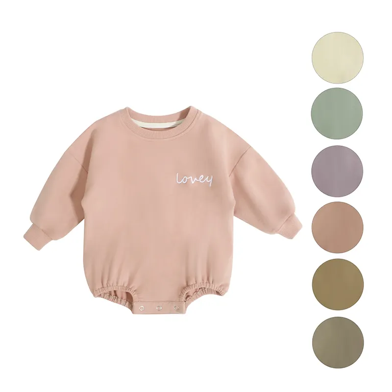 Romper bayi katun organik musim semi dengan kancing jepret bordir pakaian bayi baju balita