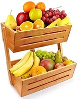 Corbeille à fruits moderne inclinée à 2 niveaux en bois d'acacia, support de rangement de comptoir de cuisine à plusieurs niveaux, étagère respirante pour légumes