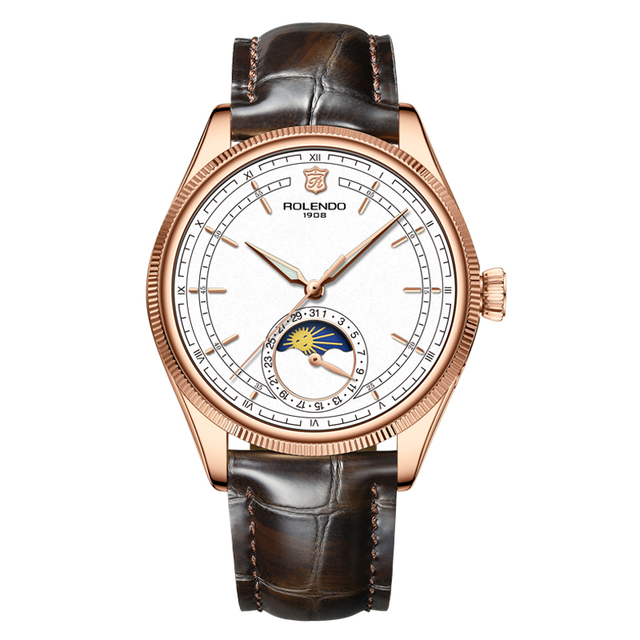 Men's Moon Phase Ultra-thin Stainless Steel Leather Strap Mechanical Watch with Custom logo Sapphire Glass