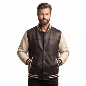 Chaqueta Varsity de Cuero Vacuno para Hombre, Color Sólido, Cuello Camisero, Corte Regular, para Otoño, Estilo Letterman - Product Image 1