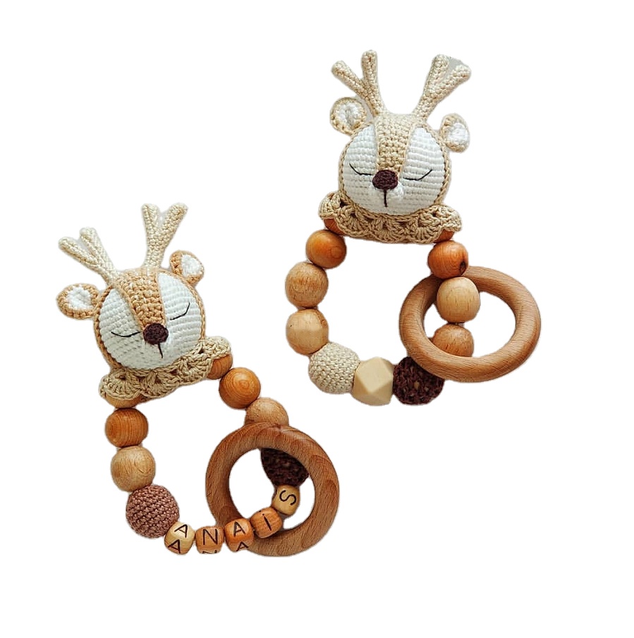 Оптовая продажа 100%, игрушки-погремушки ручной работы с вязанным крючком оленем, детская игрушка-прорезыватель из органического хлопка с вязаной лисицей