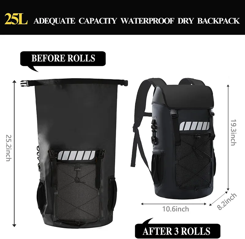 กระเป๋าเป้สะพายหลังกันน้ำมีฝาปิดด้านบนม้วนได้เอง45L 25L กระสอบแห้งสำหรับพายเรือคายัค
