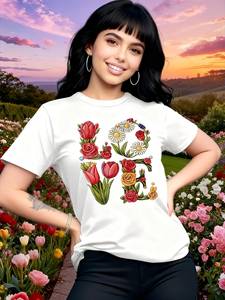 T-shirt da donna a maniche corte con scollo rotondo, design floreale, in cotone leggero, casual, estiva, con stampa floreale, regalo alla moda - Product Image 3