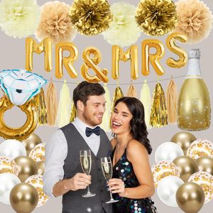 Kit de décoration doré pour fête de fiançailles, ballon en aluminium en forme de bague et de cœur pour bouteille de vin, guirlande de fleurs en papier et latex, mariage, MRS - Product Image 5