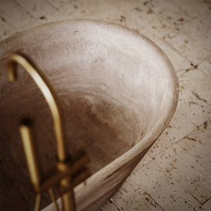 Baignoire autoportante haut de gamme moderne en travertin beige sculpté à la main, écologique, <span class=keywords><strong>avec</strong></span> drain, pour salle de bain intérieure - Product Image 4