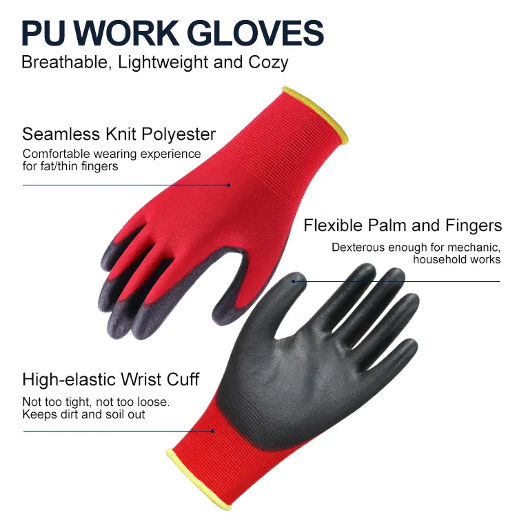 XINGYU Logo ile özel eldiven 13G Polyester PU kaplamalı eldiven özel logo siyah emniyet el PU eldiven