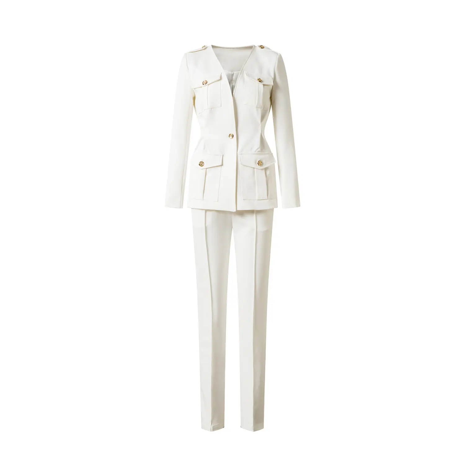 OEM multi-pockets V-NECK collarless women suit wear to work white color gold button pencil pant formal suit for ladies