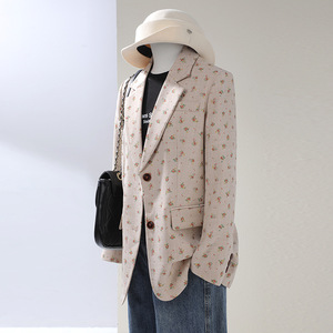 Gray Plaid Graffiti Double Breasted Blazer Women Spring Autumn Folded Cuffs Casual Fashionable Suit Jacket - Product Image 2