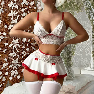 Ensemble de lingerie 2 pièces en dentelle de mousseline blanche respirante taille XXL pour femme, <span class=keywords><strong>mini</strong></span>-jupe transparente, jarretière, nœud décoratif, nuisette sexy, tenue de demoiselle d'honneur - Product Image 2