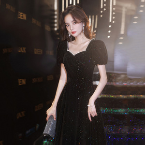 Black Velvet Evening Gown Square Collar A-Line Glitter Dress For Banquet Or Art Exam - Product Image 1