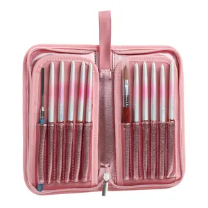 2023 Private Label PU Ledertasche Kosmetik werkzeug LOGO Custom Manic ure Art Aufbewahrung stift Display Stand Kit Pink Nail Brush Cases
