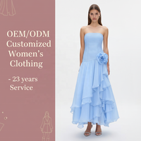 Nouvelle Robe Midi Femme Bleu Clair Sans Bretelles, Bustier Plissé, Volants Asymétriques Superposés à Motifs Floraux 3D, Vente en Gros Personnalisée