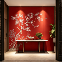 Papier peint floral rouge style Palais, Murale Chinoiserie Rouge, Mur d'ambiance de luxe pour Villa, Hôtel, Club et Espaces Commerciaux