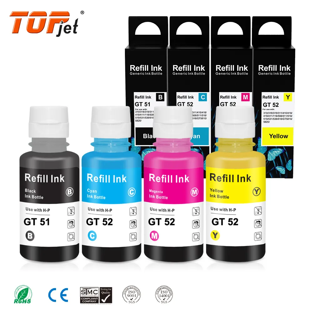 Topjet GT51 GT 51 52 53 botella Compatible 53XL GT52 GT53 GT53XL tinta de recarga a base de agua para impresora HP 415 5810