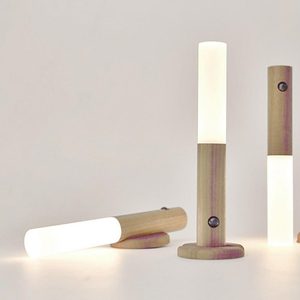 Applique murale en bois LED, lumière de nuit blanc chaud, abat-jour cylindrique, contrôle par capteur, montage en surface, design minimaliste - Product Image 3