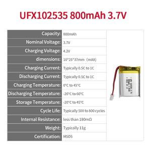 공장 도매 UFX 102535 <span class=keywords><strong>800mAh</strong></span> 3.7V <span class=keywords><strong>Lipo</strong></span> 배터리 충전식 리튬 폴리머 배터리 OEM ODM MSDS 전동 공구 - Product Image 2