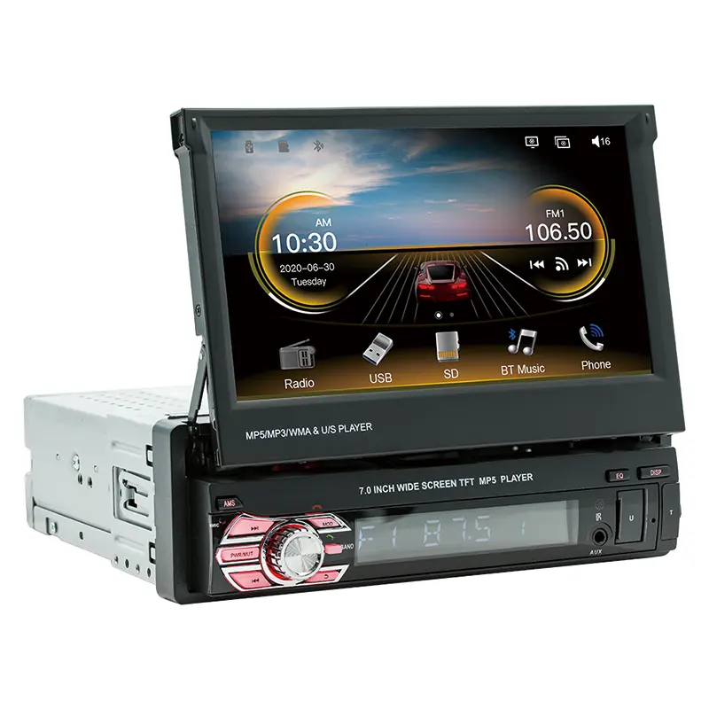 Manual Control 1 Din 64GB Car Radio Wired Carplay 7'' Retractable Screen Android Auto Carplay