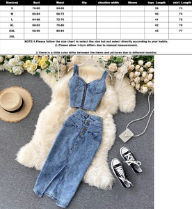 Ensemble 2 pièces en jean <span class=keywords><strong>pour</strong></span> <span class=keywords><strong>femme</strong></span>, style mode, haut licou <span class=keywords><strong>chic</strong></span> et <span class=keywords><strong>jupe</strong></span> fendue irrégulière taille haute, <span class=keywords><strong>pour</strong></span> l'été, tailles S M L - Product Image 4
