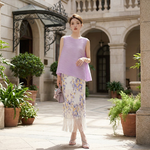 Ensemble décontracté plissé pour femme, 2 pièces : haut asymétrique à motif géométrique et <span class=keywords><strong>jupe</strong></span> <span class=keywords><strong>longue</strong></span> <span class=keywords><strong>plissée</strong></span> longueur cheville - Product Image 3