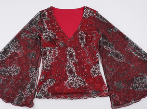 Top de malla con estampado Paisley y cuello en V, ajuste ceñido en la cintura, manga acampanada, estilo vintage europeo-americano, elegante y favorecedor, camiseta holgada. - Product Image 6