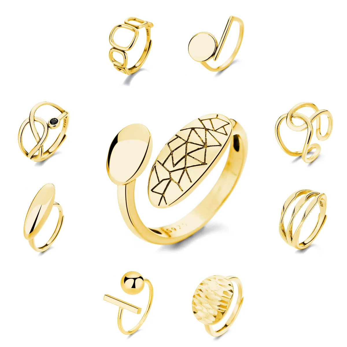 Женское Золотое кольцо в стиле хип-хоп VANA с геометрическим узором, 14 карат, однотонное 925 стерлингового серебра, открытые кольца для женщин и мужчин, Наборы украшений