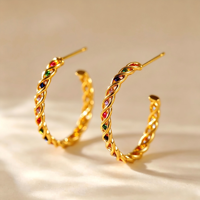 Boucles d'oreilles pendantes en cuivre plaqué or 18 carats, forme C torsadée, zircon multicolore, délicates et tendance, cadeau pour femme