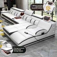 Canapé en cuir véritable en forme de L, style moderne minimaliste, multifonctionnel, avec massage, haut-parleur Bluetooth, port de charge USB