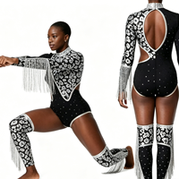 Costume de danse sur mesure pour femmes, combinaison de scène à franges noires et argentées, uniforme de majorette de haute qualité