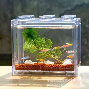 Pecera de bloques de construcción para peces betta, caja de aislamiento para exhibición de peces betta pequeños y guppys, pecera de alta transparencia con 6 orificios - Product Image 2