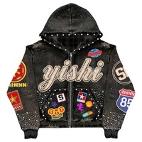 Sudaderas con cremallera de pedrería OEM Streetwear Personalizadas Vintage Y2K Ropa Bordado Desgastado Sudaderas para Hombre Oversize de Gran Gramaje