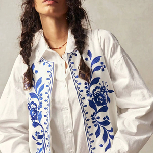 Veste en toile matelassée écologique pour femmes, automne/hiver, boutons brodés, motif floral, faite à la main, 100% coton, bleu Minchin - Product Image 1