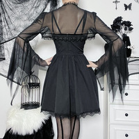 Gothique Sexy Dentelle Maille Évasée Manches Longues Smock Y2K Vintage Noir Voir À Travers Cover-ups T-Shirts Grunge D'été Femmes Streetwear