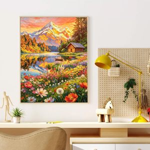 Kit de peinture à l'huile DIY par numéros Songwoo : Coucher de soleil, <span class=keywords><strong>montagne</strong></span> enneigée, lac, cabane, fleurs sauvages – Peinture sur toile personnalisée - Product Image 4