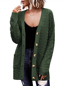 Women Cable Knit <b>Cardigan</b> Open Front Long Sleeve Chunky Knit Sweater with Pockets for Autumn Winter - Product Image 1