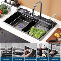 Évier de cuisine intelligent multifonction en acier inoxydable noir de luxe avec cascade moderne
