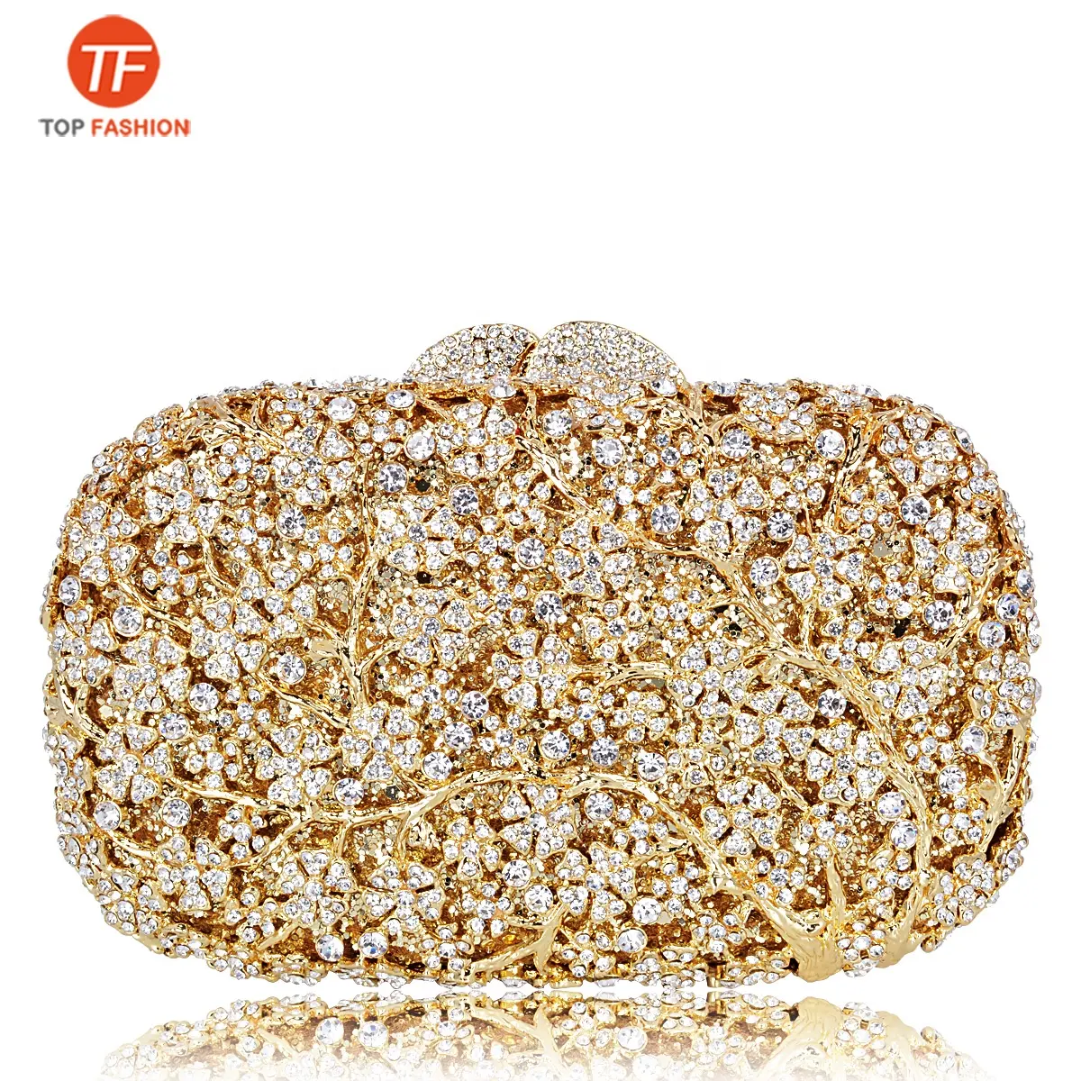 Luxury Gold Crystal Rhinestone Clutch Purse Flower Evening Bag for Wedding Party Wholesales from China Factory