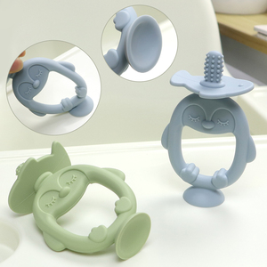 Manufacturer Penguin Soothing BPA Free Baby Teether Silicone Toothbrush Suction Cup Ring Multi Texture <b>Teething</b> <b>Toys</b> for Babies - Product Image 1