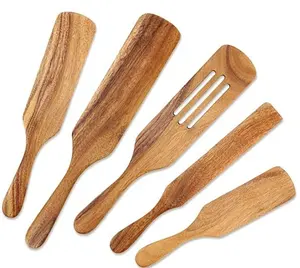 Gran oferta, 5 uds., juego de espátulas de madera de acacia Natural como se ve en la TV, utensilios de cocina, juego de utensilios de cocina de madera antiadherente, espátula ranurada