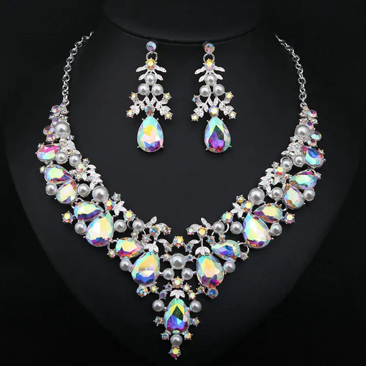 2022 Newest African Big Diamond Necklace Earring Jewelry Sets For Women Wedding Party Indian Heavy Jewelry Set