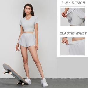 Pantalones cortos <span class=keywords><strong>de</strong></span> Yoga <span class=keywords><strong>de</strong></span> <span class=keywords><strong>mujer</strong></span> con cintura elástica y logotipo personalizado, pantalones cortos <span class=keywords><strong>de</strong></span> motorista informales con diseño <span class=keywords><strong>de</strong></span> pierna diagonal al por mayor para <span class=keywords><strong>mujer</strong></span> - Product Image 2