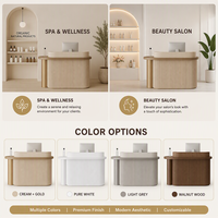 Nouveau 2026 WDF – Comptoir de réception pour salon et spa avec plateau en marbre naturel cannelé vertical incurvé et support métallique doré, personnalisable avec logo