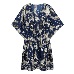 Robe Kaftan en Coton pour Femme, Col en V, Imprimé Animalier Fait Main, Manches Courtes, Longueur Intégrale, Tissu Doux, Respirant, Séchage Rapide, Écologique - Product Image 1