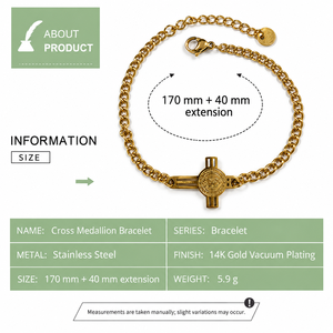 Cross <b>Medallion</b> Chain Bracelet, 14K <b>Gold</b> Vacuum Plated Stainless Steel, <b>Gold</b> - Product Image 3