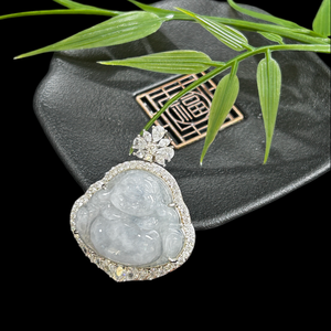 Pendentif <span class=keywords><strong>Bouddha</strong></span> rieur en jadéite birmane naturelle de qualité A, glacé et hautement transparent, serti de zircon en <span class=keywords><strong>argent</strong></span> sterling 925. - Product Image 6