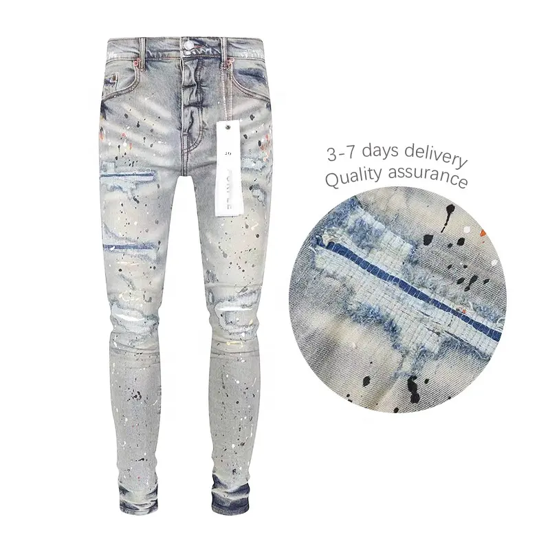 Nouveau Modèle Designer Pantalon Couteau Coupe Trou Jeans Pantalon Hommes Bas Prix High Street Pour Violet Marque Jeans