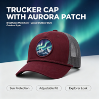 Casquette Trucker Vintage Bordeaux en Gros avec Patch Graphique Montagne Aurore et Détail Corde, Maille Personnalisée OEM ODM, Casquette Trucker Corde