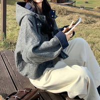 Veste Courte en Laine Grise Décontractée Vintage pour Femme, à Capuche, avec Cordon de Serrage, Boutonnage Simple, Coupe Ample, Idéale pour les Trajets Quotidien